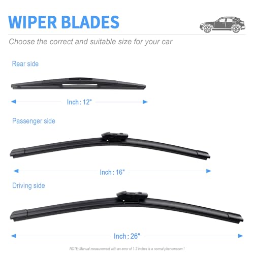 Image of Gavimnal Silicone Wiper Blades Replacement For Subaru Crosstrek 2018-2023 | Fits Impreza 2017-2023; 26 inch+16 inch Front & 12 inch Rear, All-Weather, Streak-Free, OE-fit, Quiet, Easy One-Click Install