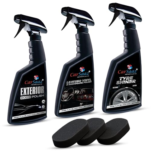 Image of CAR SAAZ Car & Bike Shining Polish Combo Pack of 6 Pcs | Includes Exterior Body Polish, Dashboard Polish, Tyre Shiner (380ML Each), 3 Applicator Pads | Vehicle Polish Combo | Shine & Protect