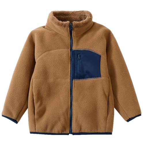 Generisch Chaqueta de forro polar para niño, abrigo de invierno grueso, suave forro polar con diseño de bloques de color, para niños pequeños y adolescentes, café, 7-8 años