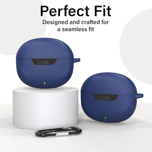 Image of Sounce Earphone Case Cover for Boat Airdopes 300 Premium TWS Soft Silicone Skin Case Cover Shock Absorbing Protective Case with Keychain [Front LED Visible] - Blue