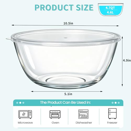 Tazón Grande de Vidrio KEUYE para Hacer Pan con Tapa 4.7 Qt miniatura 2