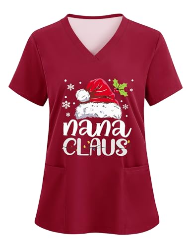 LOMON Womens Scrub Tops Print V Neck Scrub Shirts Soft Knit Chrismas Nurse Uniform with 2 Pockets