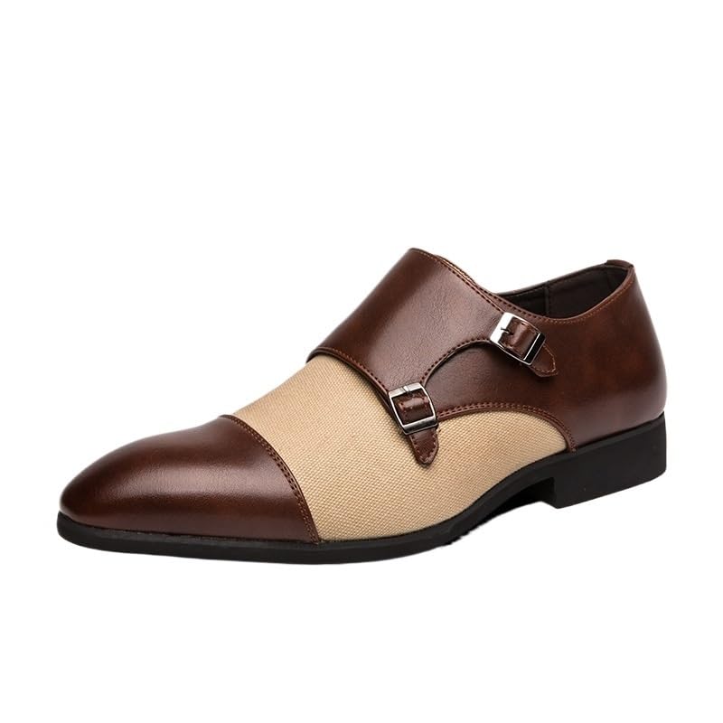 Formal Shoes for Men Slip On Round Toe Double Monk Strap Cap Toe PU Non Slip Anti-Slip Block Heel Casual