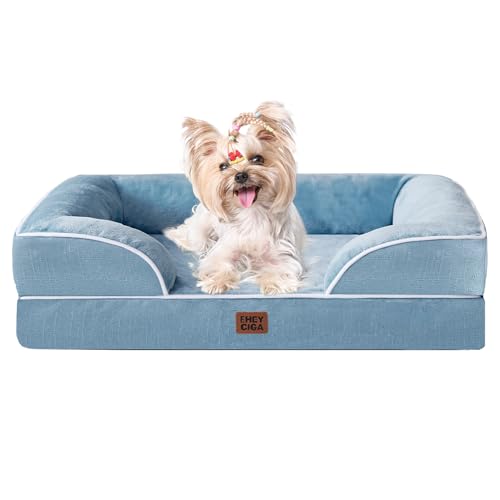 Image of EHEYCIGA Orthopedic Dog Bed for Small to Medium Dogs, Waterproof Memory Foam With Sides, Non-Slip Bottom, Egg-Crate Foam, Washable Removable Cover, Washed Blue