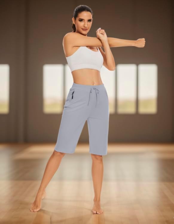 Womens Bermuda Shorts 12" Knee Length Drawstring with 2 Deep Zippered Pockets Comfy Lounge Breathable Shorts - Image 3