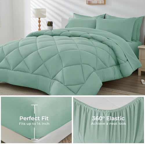 HEVUMYI Sage Green Twin-XL Comforter Set - 5-Piece All Season Bed in a Bag Twin-XL, Ultra Soft Bedding Set with Comforter, Flat Sheet, Fitted Sheet, Pillowcases, Pillow Shams, Sage Green