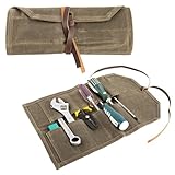 Tool Roll,10Slots Tool Roll Up Pouch,Heavy Duty Waxed Canvas Tool Roll Bag,Chisel Wrench Spanner Roll Tool Pouch with Leather Rope,Tool Roll Organizer for Mechanic Electrician Plumber Carpenter(Green)