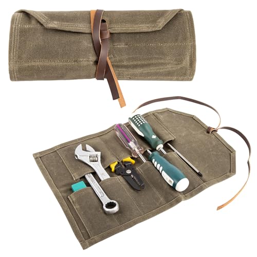 Tool Roll,10Slots Tool Roll Up Pouch,Heavy Duty Waxed Canvas Tool Roll Bag,Chisel Wrench Spanner Roll Tool Pouch with Leather Rope,Tool Roll Organizer for Mechanic Electrician Plumber Carpenter(Green)