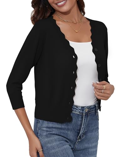 Image of Women's Cropped Cardigans 3 /4 Sleeve Button Down Lightweight Cardigan Sweaters Scalloped Edged Bolero Shrugs