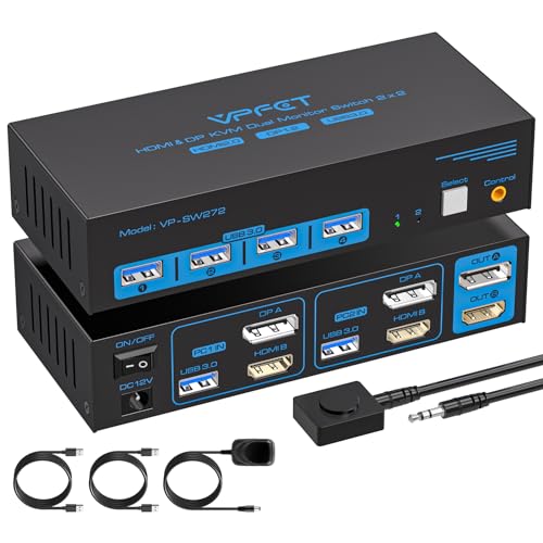 HDMI Displayport KVM Switch 2 Monitors 2 Computers 4K@60Hz USB 3.0 KVM Switcher Dual Monitor for 2...