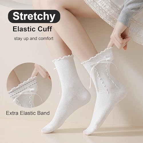 Womens Crew Ruffle Socks Cute Frilly Casual Socks Ribbon Bow Knit Cotton Lettuce Adorable Socks 3 Pack2