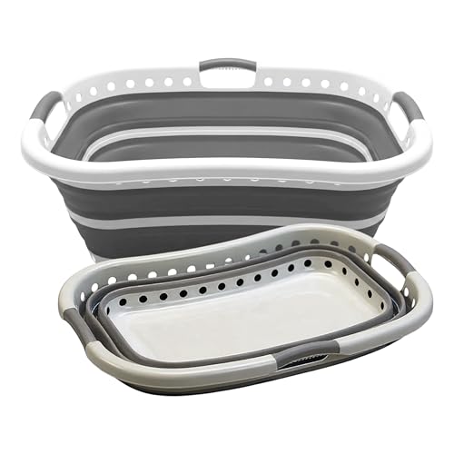 Aspect 58L Collapsible & Portable Laundry Basket | Convenient and Easy Space Saving Storage with Durable Plastic Handles | Preserve Hygiene | Perfect for Laundry Sorting Grey & White