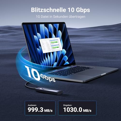 UGREEN NVMe M.2 USB 3.2 SSD Gehäuse-Adapter mit Kühlkissen 10 Gbps für NVMe PCIe M-Key/M+B Key in 2230/2242/2260/2280 mit USB CC und AC Kabel Werkzeuglos