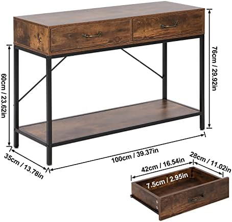 Joolihome Console Table, 2 Drawers with Handles and Storage Shelf Side Table for Home and Office, Wooden End Table with Black Metal Frame for Hallway, Living Room, Bedroom, Entryway, Kitchen