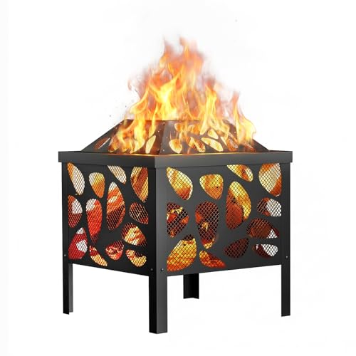 Feuerstelle aus Holz für den Außenbereich, 40cm, Stahl Feuerstelle mit Mesh Funkenschutz für Camping, Terrasse, Hinterhof, Garten, Picknick, Lagerfeuer, Schwarz