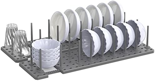 DANCELF Kitchen Cupboard Organization Drawer Organizer, Pegboard Tray for Dish Rack, Kitchen Organizer Plate Holder for Cabinets, Scalable Adjustment, 2Pcs , Grey