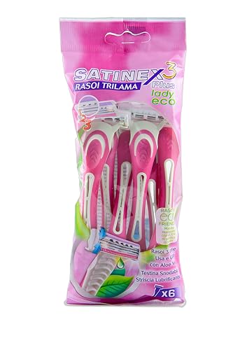 Immagine prodotto: Satinex, Rasoi 3 Lame Usa e Getta con Aloe e Vitamina E, Confezione da 6 Rasoi con Testina Snodabile e Striscia Lubrificante, Depilazione Donna Profonda e Delicata, Rasoio con Manico Ergonomico