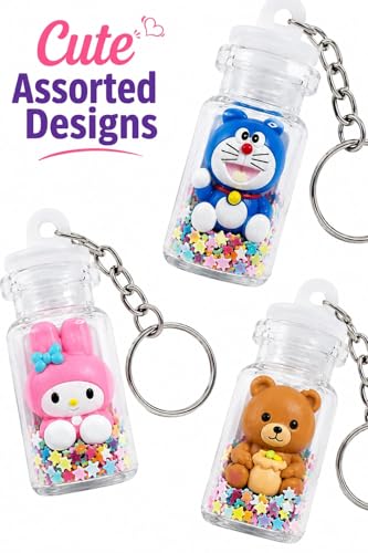 Image of Decorative Mini Bottle Keychain Set - Rubber Cartoon Character with Glitter Stars Design, Cute Hanging Bag Charm Keyring (Pack of 3, Assorted Designs)