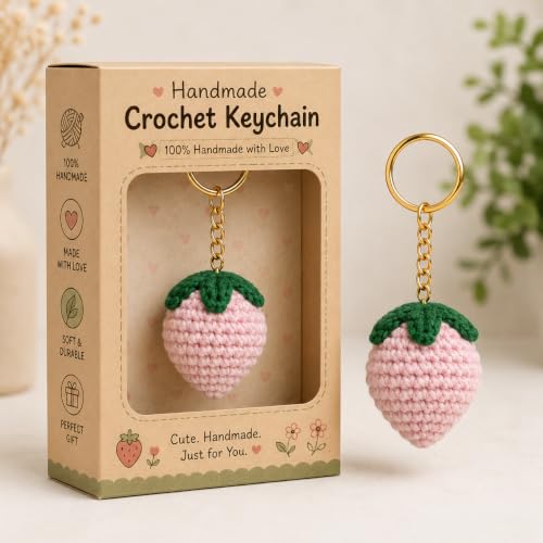 Image of Handmade Crochet Keychain | Cute Knitted Key Ring Charm | Crochet Animal, Fruit, Flower, Evil Eye & Food Plush Keychain for Car Keys, Backpack, Handbag & Gift (Pack of 1) (strawberry)
