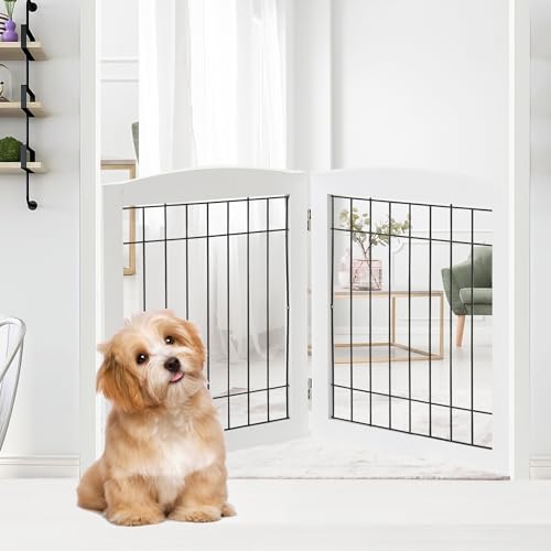 LZRS Sturdy Wood Pet Gate, Freestanding Wire Pet Dog Gate Safety Fence Indoor, Foldable Stair Barrier Pet Exercise for Most Furry Friends, Dog Gate for Stairs, Doorways, White,24″ Height-2 Panels LZRS Sturdy Wood Pet Gate, Freestanding Wire Pet Dog Gate Safety Fence Indoor, Foldable Stair Barrier Pet Exercise for Most Furry Friends, Dog Gate for Stairs, Doorways, White,24″ Height-2 Panels