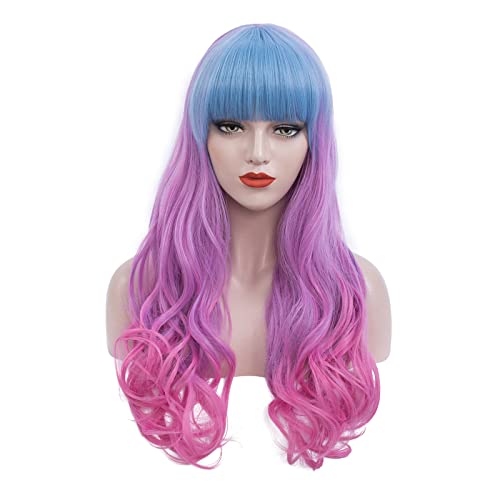 Einhorn Perücke Bunt für Damen Rosa Lila Blau Lang Locken Perücken Daydream mit Pony für Mädchen Frauen Cosplay Kostümparty Pastell Harajuku Stil Wig 019 Cover