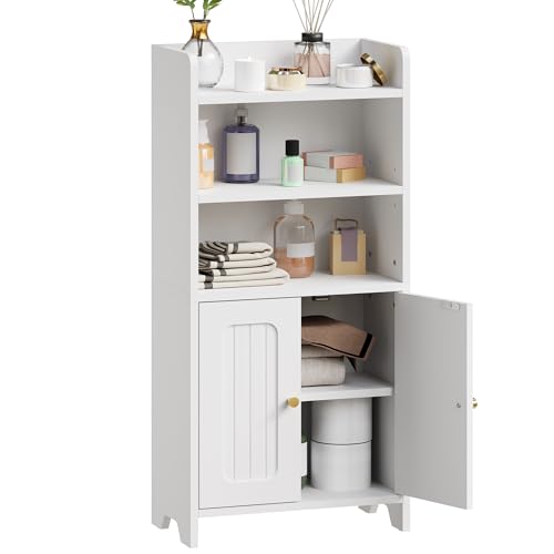 BEWISHOME Badezimmerschrank, Kleiner Standschrank, Toilettenpapierhalter mit 2 Türen und Einlegeböden, Badezimmer Schrank für kleine Räume, weiß, 20 x 37 x 80 cm, EYYG08W