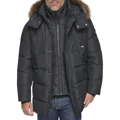 Image of Andrew Marc Men's Gattica Down Parka Jacket With Removable Faux Fur Trimmed Hood and Bib