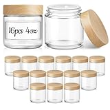 16 Pack 4 OZ Glass Jars with Lids, Small Glass Containers with Plastic Woodgrain Lids & Inner Liners, Reusable Travel Containers for Creams, Makeup, Lotion, Cosmetic, Ointment