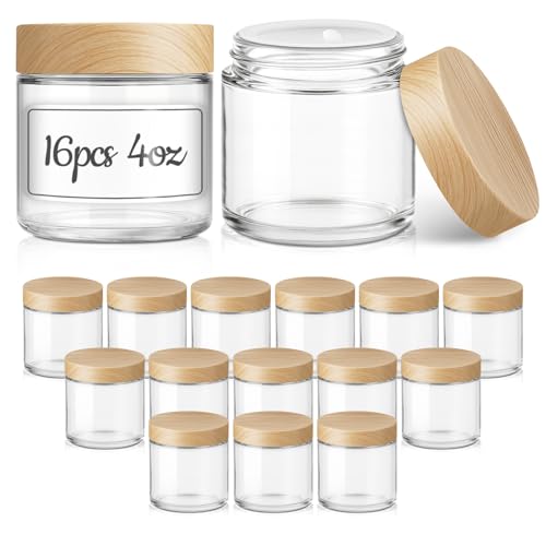 16 Pack 4 OZ Glass Jars with Lids, Small Glass Containers with Plastic Woodgrain Lids & Inner Liners, Reusable Travel Containers for Creams, Makeup, Lotion, Cosmetic, Ointment