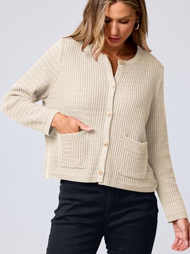ANRABESS Women Cardigan Sweater Dressy Casual Classic Long Sleeve Crew Neck Button Down Tweed Knit Jacket 2025 Fall Outfits2