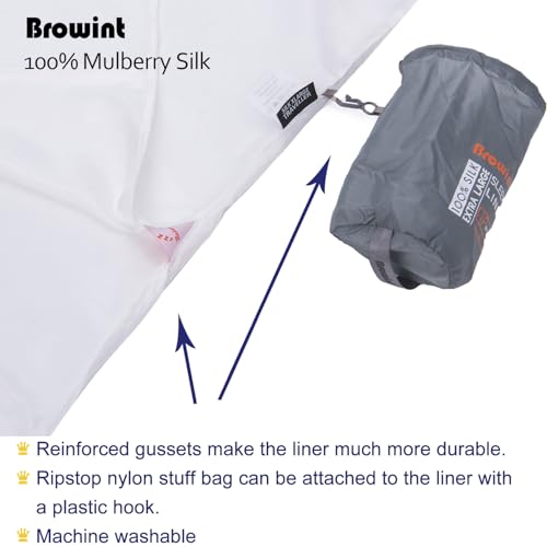 Image of Browint Silk Sleeping Bag Liner, Silk Sleep Sheet, Sack, Extra Wide 87 inchx43 inch, Lightweight Travel and Camping Sheet for Hotel, More Colors for Option, Reinforced Gussets, Pillow Pocket