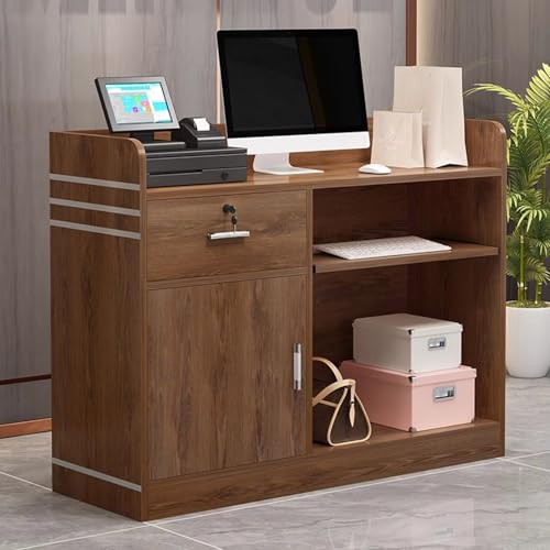 Mostrador de recepción con cerradura, cajones y armario. Mostrador de ventas para tienda. Mobiliario de oficina con bandeja para teclado. Mostrador de recepción moderno de color marrón. 80 cm de anc