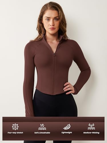 Image of AVGO Women's Workout Jacket Lightweight Zip Up Cropped Yoga Jackets Slim Fit Athletic Tops with Thumb Holes