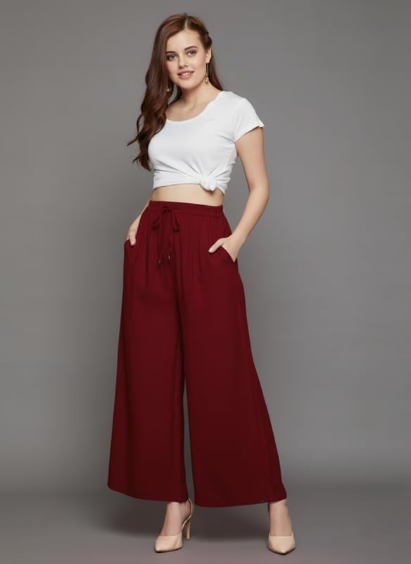 Image of Super Soft Viscose Rayon Flared Palazzo Pants for Women Stylish Wide Leg Straight Relaxed Fit Casual Ethnic Office Wear