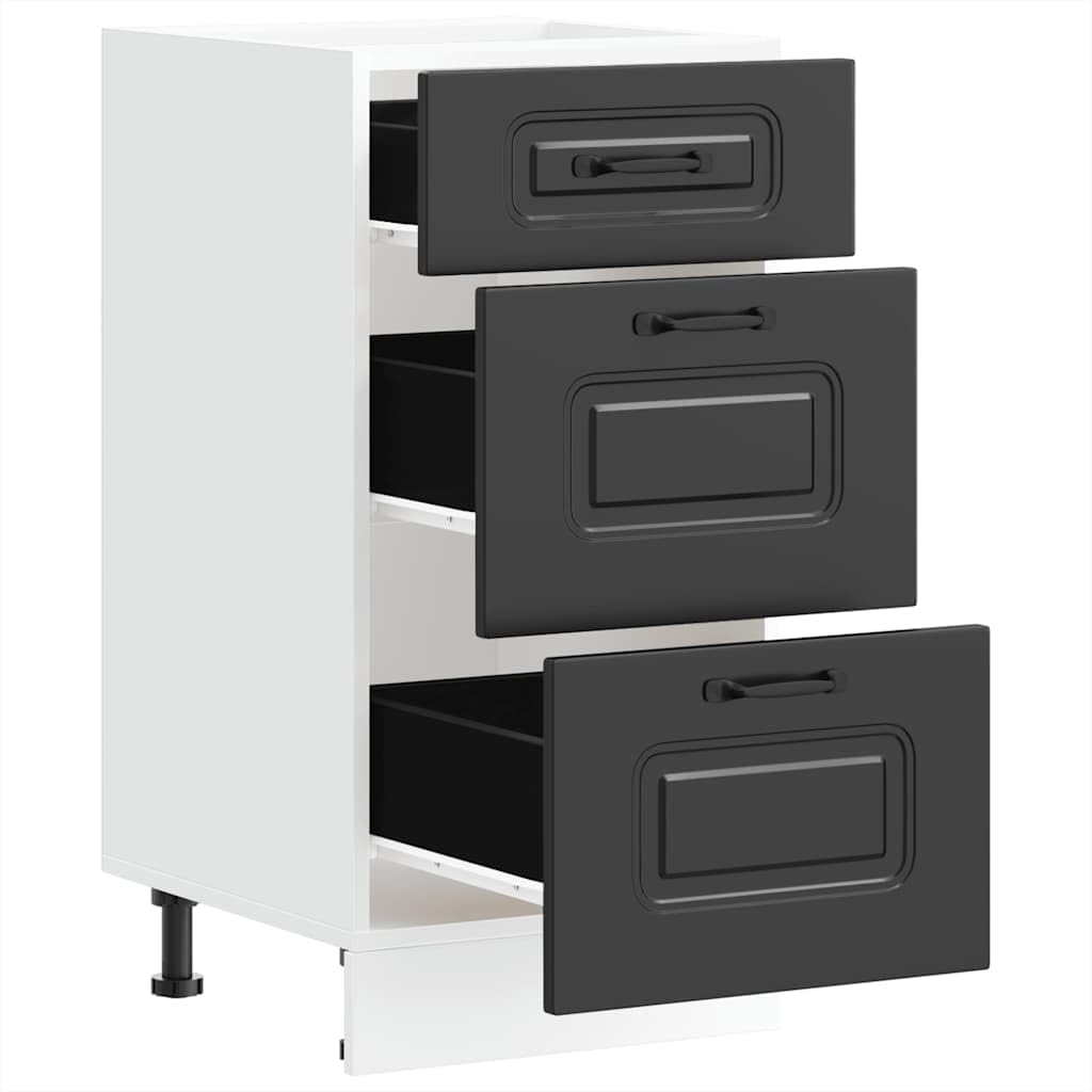 Gabinete de conversión de estufa Kalmar material de madera negra con patas ajustables en altura y compartimento grande para una protección confiable y fácil limpieza en su cocina, diseño