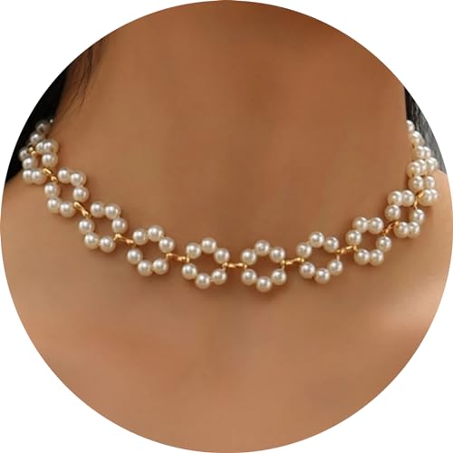Daisy Pearl Necklace, 14K Gold Plated Dainty Pearl Choker Necklace for Women,Handmade Trendy Flower Necklace as Daisy Present and Bride Bridesmaid Birthday Wedding Gifts