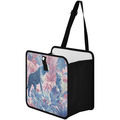Image of Car Trash Can Organizer Bin with Adjustable Strap for Back Front Seat Console Waterproof Leakproof Collapsible Portable 11 Inch Cute Cheetah and Palm Leaves