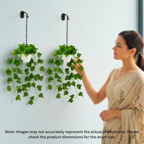 Image of fancymart Artificial Hanging Ivy Plant with White Hanging Pot & Rope, Pack of 2, Realistic Green Leaf Creeper for Home, Office, Living Room & Wall Decor, 60 cm Height