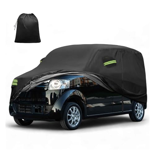 FUELHOOD Hondaに対応N-BOX専用350x148 x165cm 軽自動車カバー 撥水性 台風アルミフィルム スパンレース綿 裏起毛 防風ロープ付き 梅雨 防炎 防塵 雪/強風/黄砂対策 凍結防止カバー 雹対策 運転席側にファスナー 夜間安全警告 耐久性 着脱気軽 車 収納袋が付属 ブラック 内装パーツ アクセサリー