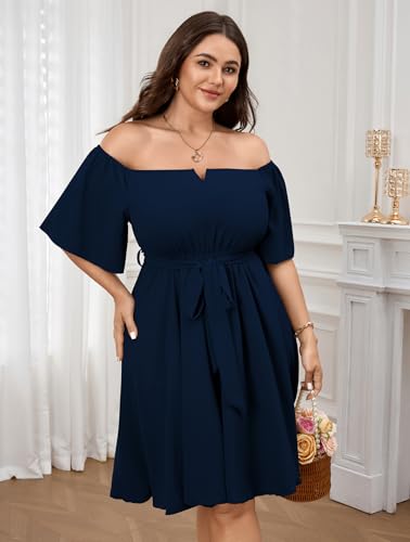 Image of SCOMCHIC Womens Plus Size Cocktail Dress Summer Off Shoulder Short Sleeve Flowy Ruffle A-Line Cute Mini Dress with Belt