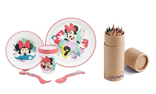 Non Slip Bicolor Premium Micro Dining 5 Piece Set - Plate Bowl and Tumbler Spoon Fork Dinnerware Set for Children BPA Free re-usable Plastic Microwave Safe Minnie