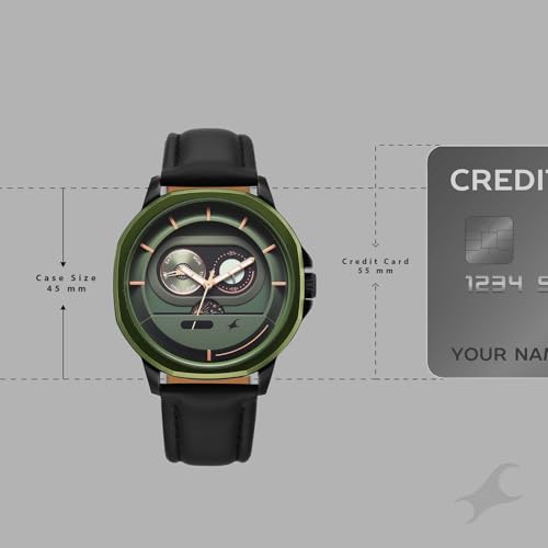 Image of Fastrack Street Opulence Sun Moon Multifunction Quartz Analog with Green Dial Black Genuine Leather Strap Watch for Men - 3303KL01