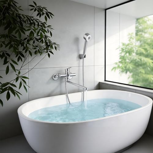 Grifo para bañera de patas con ducha de mano y brazos oscilantes ajustables de 6 pulgadas, montaje en pared, adaptador corto, acabado niquel cepillado miniatura 2