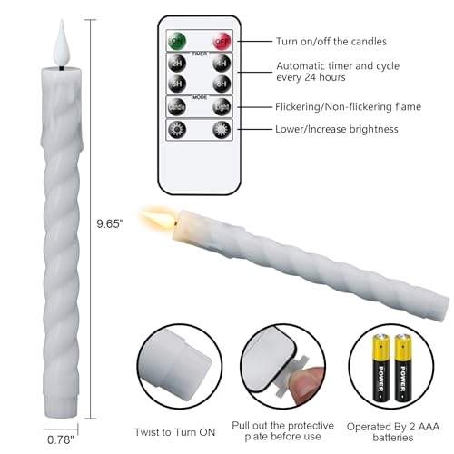 Image of Flickering Flameless Taper Candles with Remote and Timer, 2 Pack Battery Operated LED Taper Candles 3D Wick Plastic Dripping Effect Dinner Wedding Holiday Decor(White, 0.78 inch D x 9.65 inch H)