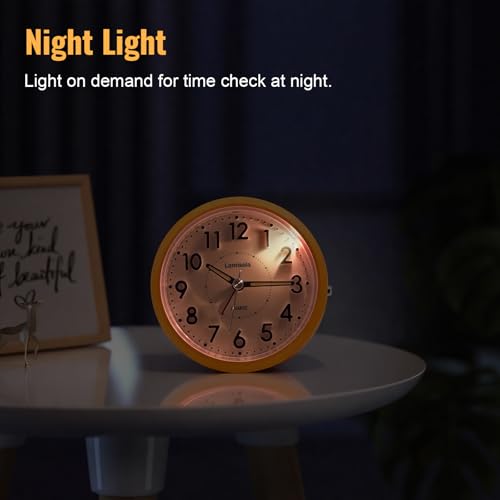 Image of Lamisola 4 Inch Alarm Clock for Bedrooms, Small Analog Desk Clock, Orange | Battery Operated Bedside Clock for Bedroom Bathroom Home Nightstand Shelf, Night Light Snooze, Minimalist Clocks for Seniors