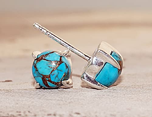 6Mm Round Natural Copper Turquoise 925 Sterling Silver Stud Earrings December Birthstone, S19 #TOP1