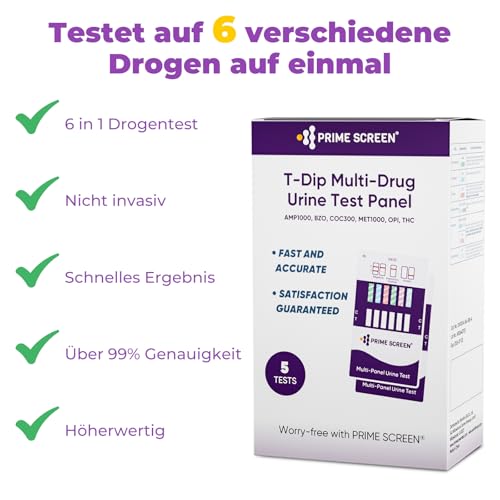 Prime Screen Drogentest schnelltest 6-in-1 Urin Drogentest 5x Drogentest auf Cannabis THC Kokain Opiate Methamphetamin Amphetamine Benzodiazepine Drug Test