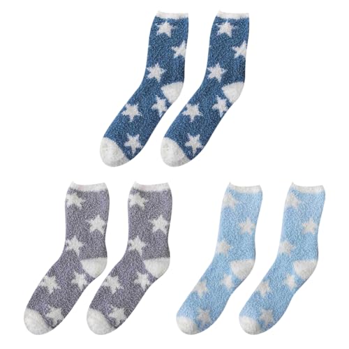 3 Pairs Star Pattern Fluffy Socks Fuzzy Winter Socks Cosy Socks Comfy Socks Soft Warm Bed Socks Thermal Slipper Socks Grey Blue Navy