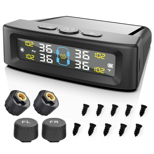 Tire Pressure Monitoring System 4-Wheel, Wireless Tire Pressure Monitoring Systems with 4 Sensors & 6 Alarm Modes, Solar/USB Charging, TPMS for Sedan Truck SUV w/ 10 Tire Repair Rubber Nails