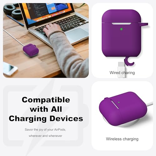 Image of AirPods Case Cover with Keychain, R-fun Full Protective Silicone AirPods Accessories Skin Cover for Women Girl with Apple AirPods Wireless Charging Case,Front LED Visible-Plum /Purple